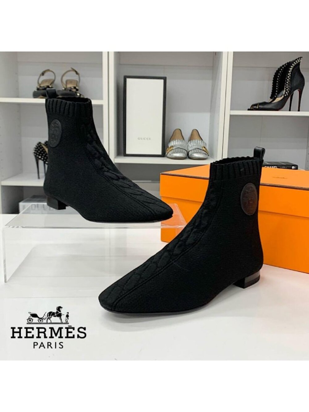 Hermes Duo Knit Leather Ex-Libris Short Boots Black